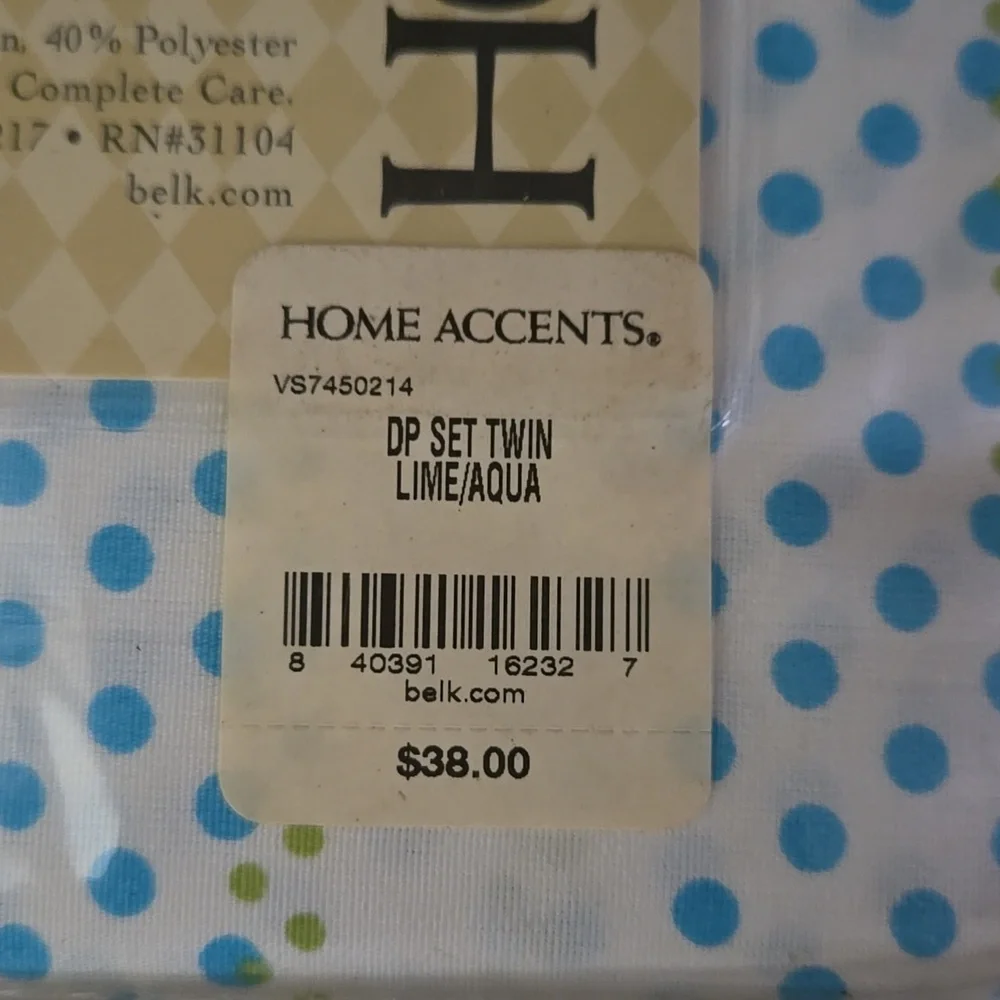Home Accents Twin Sheet Set Lime Aqua White Dot Stripe Cotton Blend NEW MSRP $38